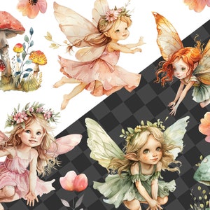 May include: Watercolor illustration of four fairies with wings, flowers, and mushrooms. The fairies are wearing dresses and have floral crowns. The background is a checkered pattern.