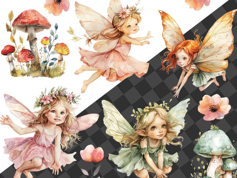 May include: Watercolor illustration of four fairies with wings, flowers, and mushrooms. The fairies are wearing dresses and have floral crowns. The background is a checkered pattern.