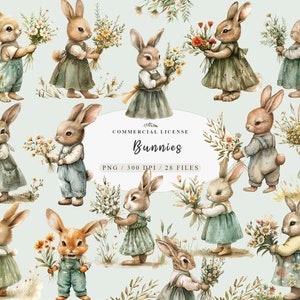 Adorável Woodland Bunny Nursery Art Floral coelho clipart Bundle, Aquarela jardinagem bebê coelho clipart, Neutro bebê coelho clipart