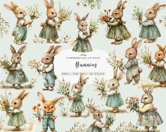Adorable Woodland Bunny Nursery Art Floral rabbit clipart Bundle, Watercolor gardening baby bunny clipart, Neutral baby Rabbit clipart