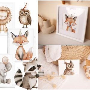 May include: A set of five watercolor illustrations featuring woodland animals wearing party hats. The animals include a lion, owl, fox, elephant, and raccoon. The illustrations are perfect for a woodland-themed party or nursery.