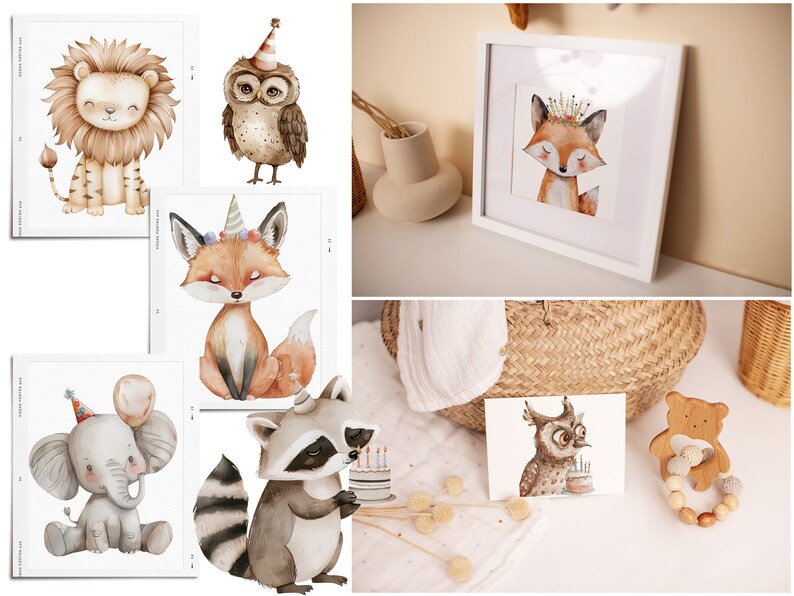 May include: A set of five watercolor illustrations featuring woodland animals wearing party hats. The animals include a lion, owl, fox, elephant, and raccoon. The illustrations are perfect for a woodland-themed party or nursery.