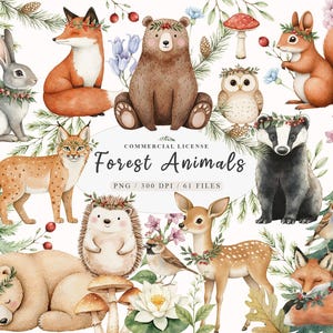 Pacchetto clipart di animali floreali del bosco Boho, Clipart di animali carini e dolci amici della foresta, Carini piccoli animali procione, Creature del bosco