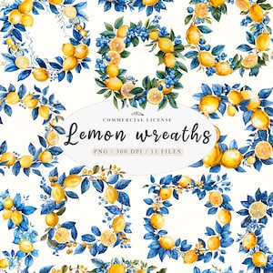 Zitronenzweigdruck, Zitronenkranz, Zitronendruck, portugiesische Fliesen, Aquarellfrüchte png, Zitronenblumen Clipart, kostenlose kommerzielle Nutzung