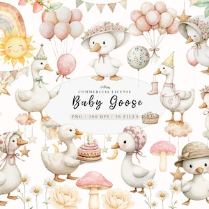 Aquarelle bébé oie blanche clipart, clipart de baby shower d'oie idiote mignon, drôle d'anniversaire d'oie idiote png, animaux mignons d'oie de la ferme png
