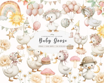 Watercolor baby white goose clipart, Cute silly goose baby shower clipart, Funny Silly goose birthday png, Cute farm goose animals png