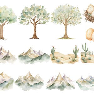 May include: Watercolor illustrations of trees, mountains, cacti, and eggs. The trees have green leaves and brown trunks. The mountains are brown and purple with white peaks. The cacti are green and have pink flowers. The eggs are brown, white, and pink.