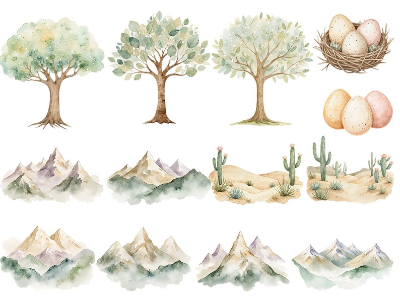 May include: Watercolor illustrations of trees, mountains, cacti, and eggs. The trees have green leaves and brown trunks. The mountains are brown and purple with white peaks. The cacti are green and have pink flowers. The eggs are brown, white, and pink.