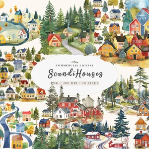 Clipart di casa nordica con acquerello scandinavo, png di arte popolare della casa svedese, progetti di case scandinave, clipart di casa nordica kawaii