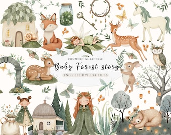 Green magical forest animals enchanted baby elf clipart, Forest witch and fairy house clipart, Forest baby animals png, Elven princess png