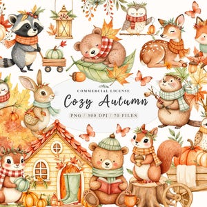Peut inclure: Illustration à l'aquarelle avec des animaux et des éléments sur le thème de l'automne. Comprend un raton laveur, un ours, un cerf, un renard, un hibou, un écureuil, un lapin et une loutre, ainsi que des citrouilles, des feuilles et un chalet. Le texte "Cozy Autumn" est également présent.