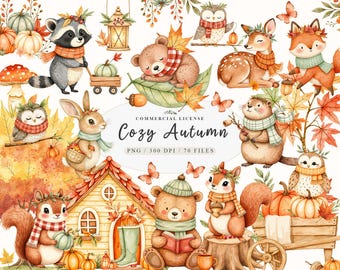 May include: Watercolor illustration featuring a collection of autumn-themed animals and elements. Includes a raccoon, bear, deer, fox, owl, squirrel, rabbit, and otter, along with pumpkins, leaves, and a cozy cottage. The text "Cozy Autumn" is also present.