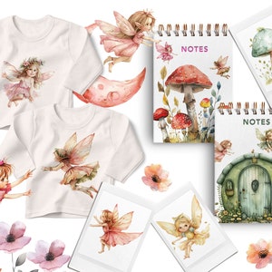 May include: Two white t-shirts with watercolor fairy designs, two spiral notebooks with watercolor fairy designs, and a set of four instant photo prints with watercolor fairy designs. The notebooks have the word "NOTES" printed on the front. The instant photo prints feature fairies with wings and flowers.