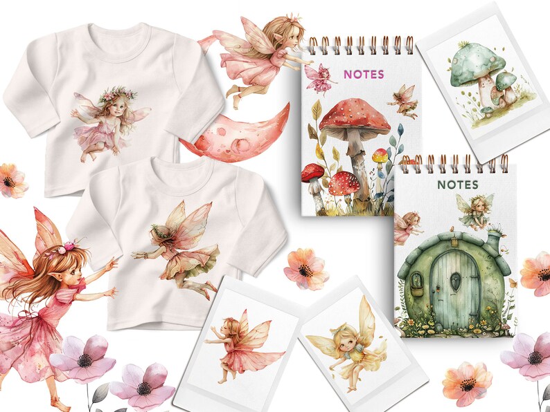 May include: Two white t-shirts with watercolor fairy designs, two spiral notebooks with watercolor fairy designs, and a set of four instant photo prints with watercolor fairy designs. The notebooks have the word "NOTES" printed on the front. The instant photo prints feature fairies with wings and flowers.
