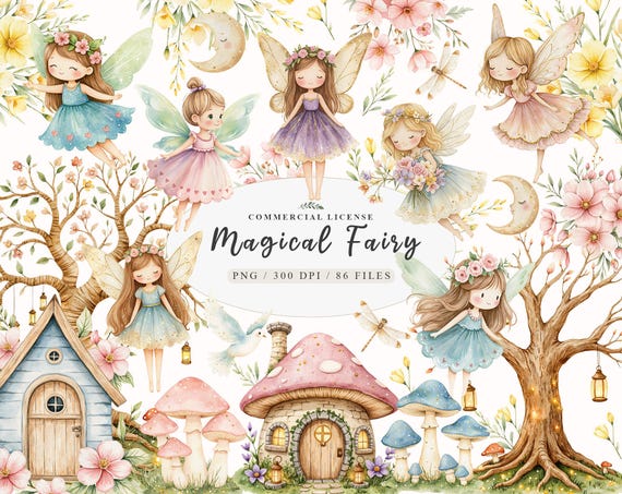 Watercolor magical Garden Fairies Clipart, Cute nature fairies Forest Birthday Bundle for Fantasy Illustrations, Fairytale House magic pink