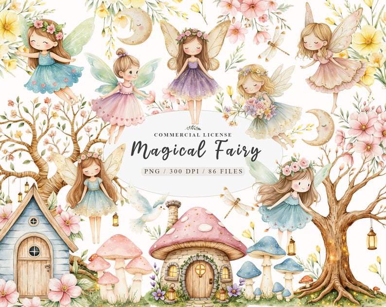 Watercolor magical Garden Fairies Clipart, Cute nature fairies Forest Birthday Bundle for Fantasy Illustrations, Fairytale House magic pink