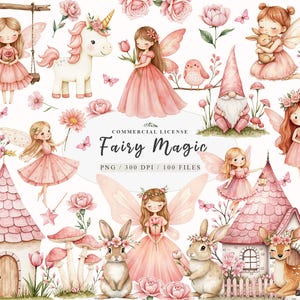 Aquarell magischer Garten rosa Feen Clipart Bundle, niedliche Märchen kleine Prinzessin Fee ersten Geburtstag Clipart, Märchen Haus png