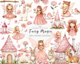 Watercolor Fairy Clipart: Pink Enchanted Garden PNG (digital Download ...