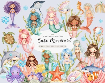Watercolor pastel baby mermaid clipart, Little cute mermaid baby shower party decor, Cute sea world creature clipart, Mermaid party favors