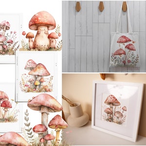 May include: A set of four watercolor paintings featuring various arrangements of red and white mushrooms with green foliage. The paintings are framed and displayed on a white wall.