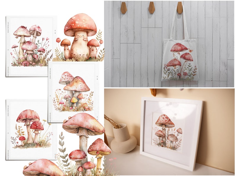 May include: A set of four watercolor paintings featuring various arrangements of red and white mushrooms with green foliage. The paintings are framed and displayed on a white wall.