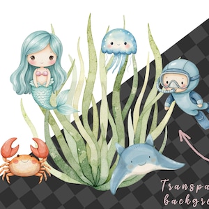 May include: Watercolor illustration of a mermaid, a crab, a jellyfish, a stingray, and a scuba diver. The illustration is set against a background of green seaweed.