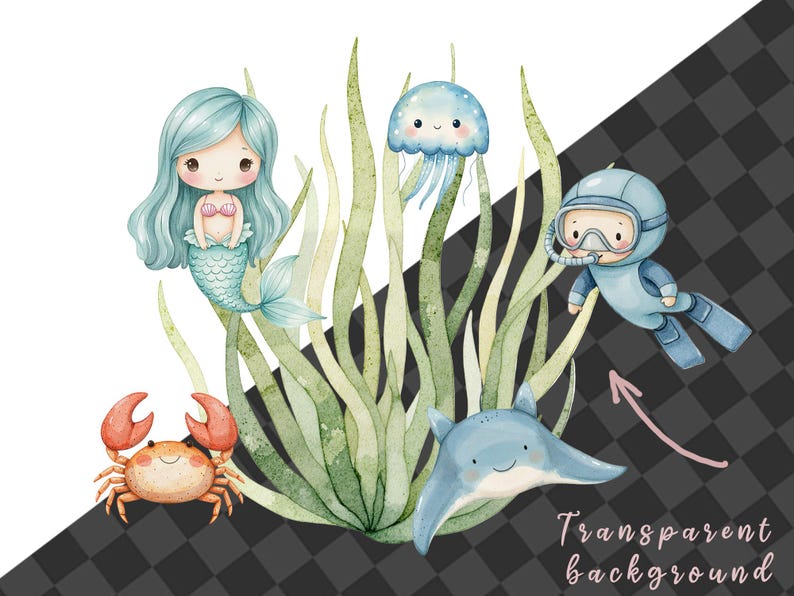 May include: Watercolor illustration of a mermaid, a crab, a jellyfish, a stingray, and a scuba diver. The illustration is set against a background of green seaweed.