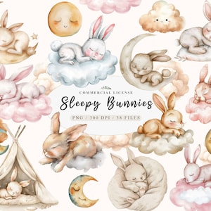 Pacchetto Clipart Coniglietto da Sogno, Pacchetto Animali Sonnolenti Acquerello, Design Boho Neutro, Set Clipart Coniglietto da Sogno, Decorazione per Bambini Coniglietto Boho PNG
