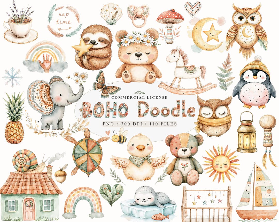 Neutral Boho Baby Shower Doodle Clipart, Doodle Boho Animals Png ...