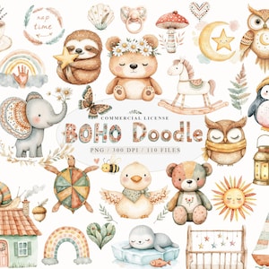 Neutrale boho babydouche doodle clipart, doodle boho dieren png, pasgeboren kinderkamer boho baby clipart, babyshower doodle letters png