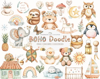 Neutral boho baby shower doodle clipart, Doodle boho animals png, Newborn nursery boho baby clipart, Baby shower doodle letters png