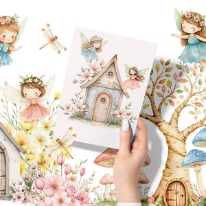 Watercolor magical Garden Fairies Clipart, Cute nature fairies Forest Birthday Bundle for Fantasy Illustrations, Fairytale House magic pink