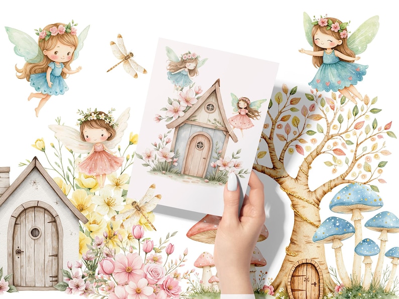 Watercolor magical Garden Fairies Clipart, Cute nature fairies Forest Birthday Bundle for Fantasy Illustrations, Fairytale House magic pink