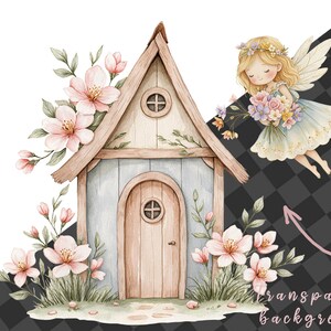 Watercolor magical Garden Fairies Clipart, Cute nature fairies Forest Birthday Bundle for Fantasy Illustrations, Fairytale House magic pink