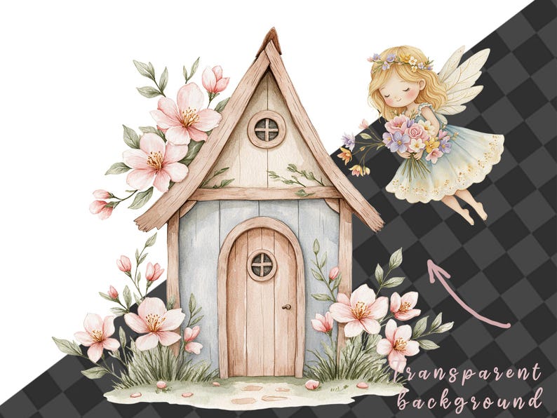 Watercolor magical Garden Fairies Clipart, Cute nature fairies Forest Birthday Bundle for Fantasy Illustrations, Fairytale House magic pink