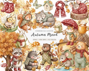 May include: A collection of watercolor illustrations featuring woodland animals in autumn attire, including a squirrel, bear, raccoon, and mouse, alongside seasonal elements like mushrooms, red boots, a scarf, and a birdhouse, with text reading Autumn Mood.
