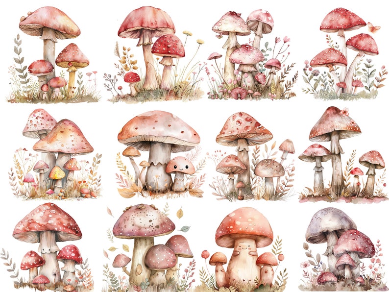 May include: Watercolor illustration of 10 different mushroom designs with various colors and patterns. Each mushroom is surrounded by green foliage and small flowers.