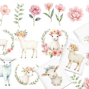 Puede incluir: Ilustraci&oacute;n acuarela con una variedad de corderos lindos con coronas de flores. Los corderos son blancos, azules y grises con flores rosas y amarillas. El fondo es blanco.