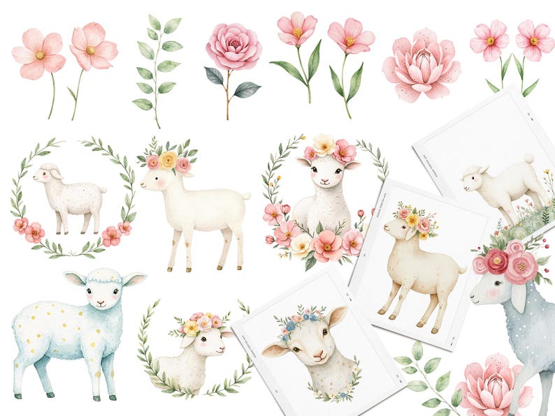 Puede incluir: Ilustraci&oacute;n acuarela con una variedad de corderos lindos con coronas de flores. Los corderos son blancos, azules y grises con flores rosas y amarillas. El fondo es blanco.