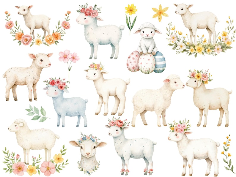 Puede incluir: Ilustraci&oacute;n acuarela de una colecci&oacute;n de corderos lindos con acentos florales. Los corderos est&aacute;n en varias poses, algunos con flores en el pelo, otros sosteniendo huevos de Pascua. El fondo es blanco con flores dispersas.