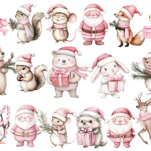 Pink trendy Christmas clipart bundle featuring Santa, boho blush woodland animals, and winter wreaths. Perfect for digital planners, printable stickers, invitations, and more. High-quality PNGs for instant download — ideal for holiday crafts, scrapbooking, and creative projects. Digital product only.