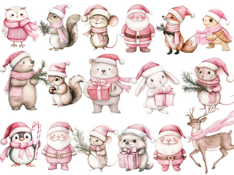 Pink trendy Christmas clipart bundle featuring Santa, boho blush woodland animals, and winter wreaths. Perfect for digital planners, printable stickers, invitations, and more. High-quality PNGs for instant download — ideal for holiday crafts, scrapbooking, and creative projects. Digital product only.