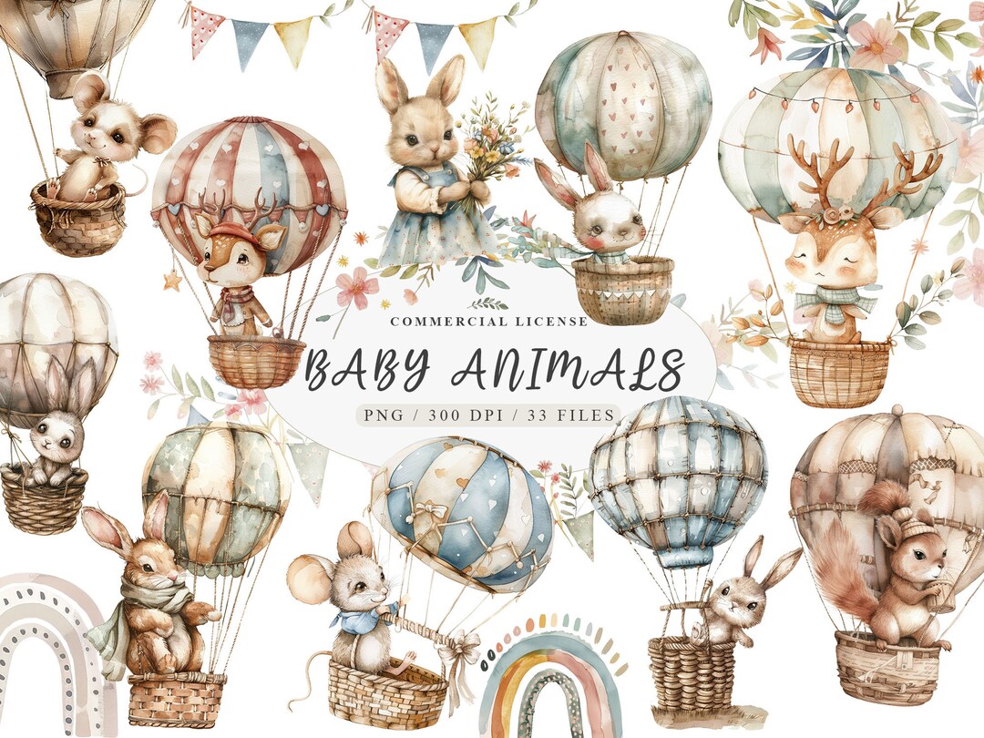 Adorable Watercolor Baby Animals Kawaii Bear Bunny Hot Air Balloon ...