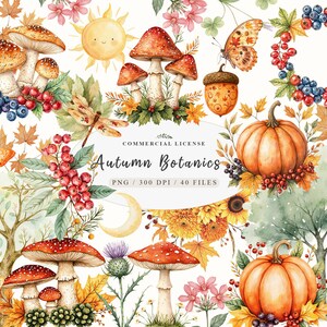 May include: A set of 40 watercolor illustrations featuring autumnal elements, including mushrooms, pumpkins, leaves, berries, butterflies, and a sun. The illustrations are in a whimsical style and are perfect for adding a touch of autumn to your projects.