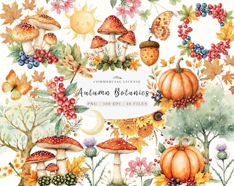 May include: A set of 40 watercolor illustrations featuring autumnal elements, including mushrooms, pumpkins, leaves, berries, butterflies, and a sun. The illustrations are in a whimsical style and are perfect for adding a touch of autumn to your projects.