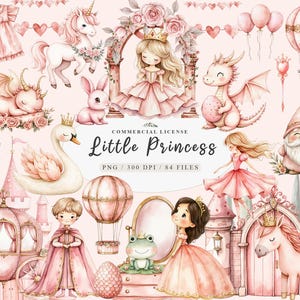 Aquarell niedliche rosa Prinzessin und Prinzen Königreich Clipart, magisches Königreich kleine Prinzessin png, rosa Baby Schloss Clipart, Drachen und Einhorn png