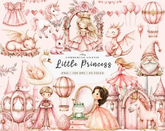 Watercolor cute pink princess and prince kingdom clipart, Magic kingdom little princess png, Pink baby castle clipart,Dragon and unicorn png