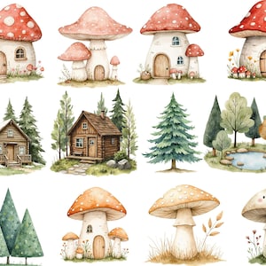 May include: Watercolor illustration of various mushroom houses, cabins, and trees. The illustration features a variety of colors, including red, brown, green, and white. The illustration is perfect for a whimsical and magical theme.