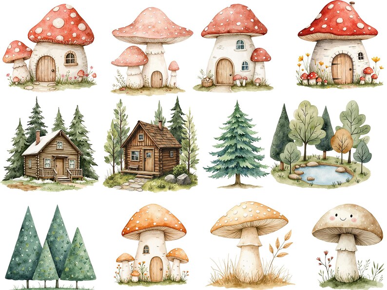 May include: Watercolor illustration of various mushroom houses, cabins, and trees. The illustration features a variety of colors, including red, brown, green, and white. The illustration is perfect for a whimsical and magical theme.