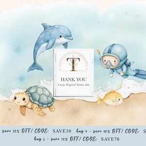 May include: A digital printable thank you card with a watercolor illustration of a dolphin, a turtle, a scuba diver, and a fish. The card has a light blue background with white clouds and a light blue border. The text on the card reads "Thank You Cozy Digital Store Art".